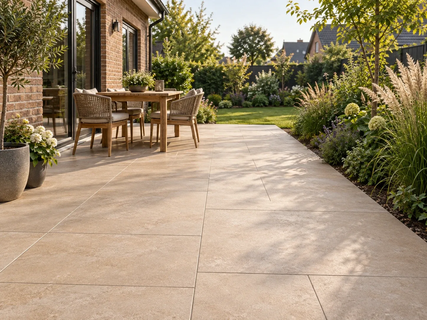 Gestaltungsidee für eine Gartenterrasse mit hellen Platten und Essplatz – KI-Beispielbild
