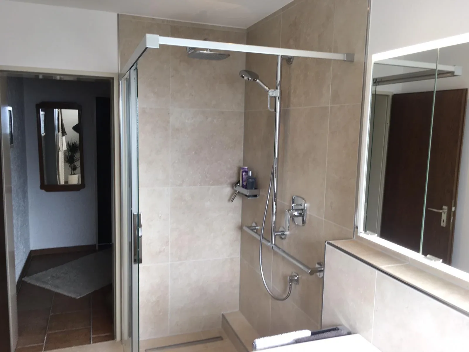 Dusche mit Haltegriff und klappbarem Sitz