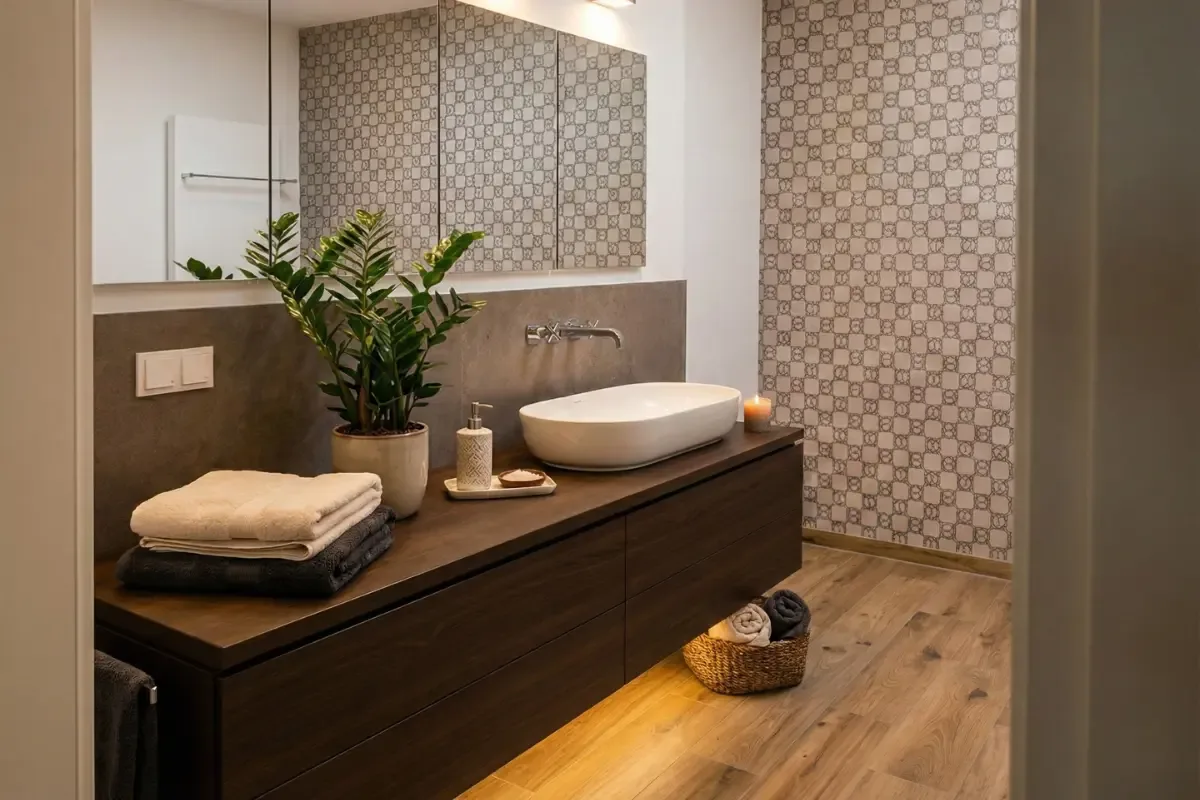 Modernes Badezimmer mit Bodenfliesen in warmer Holzoptik, schwebendem Nussbaum-Waschtisch mit Aufsatzwaschbecken, Spiegelschrank und gemusterter Dekorfliese an der Akzentwand – Badgestaltung aus Korschenbroich