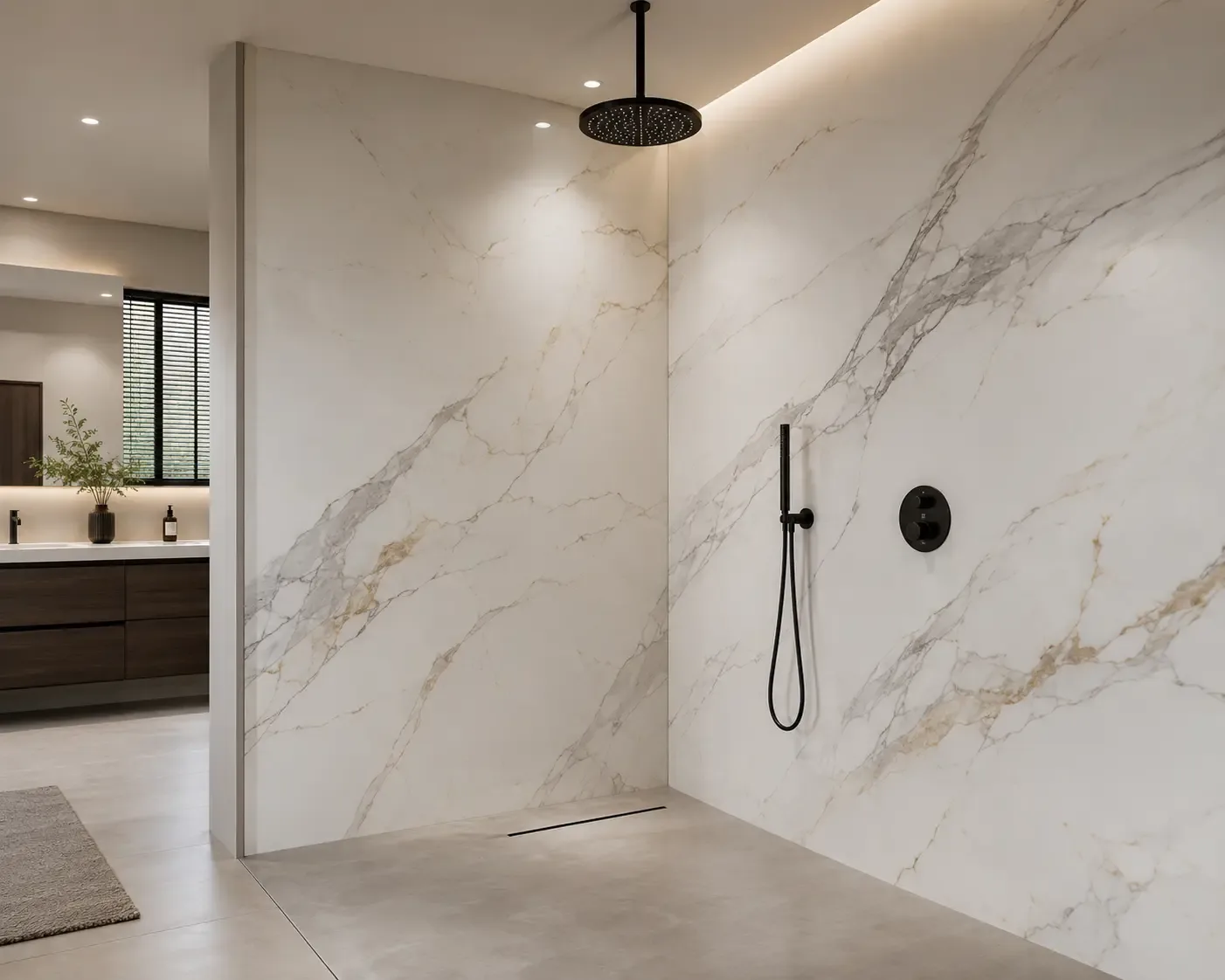 Visualisierung einer Dusche mit heller geaderter Wandgestaltung